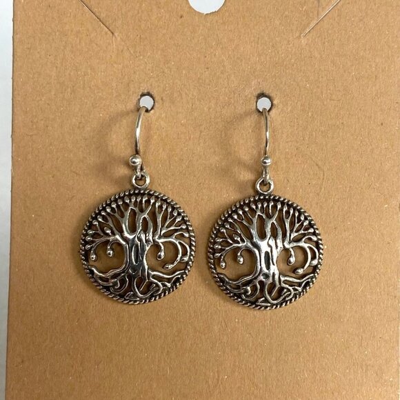 Sterling Silver 925 1.19" Round Openwork Filigree Tree Of Life Dangle Earrings - Picture 7 of 16